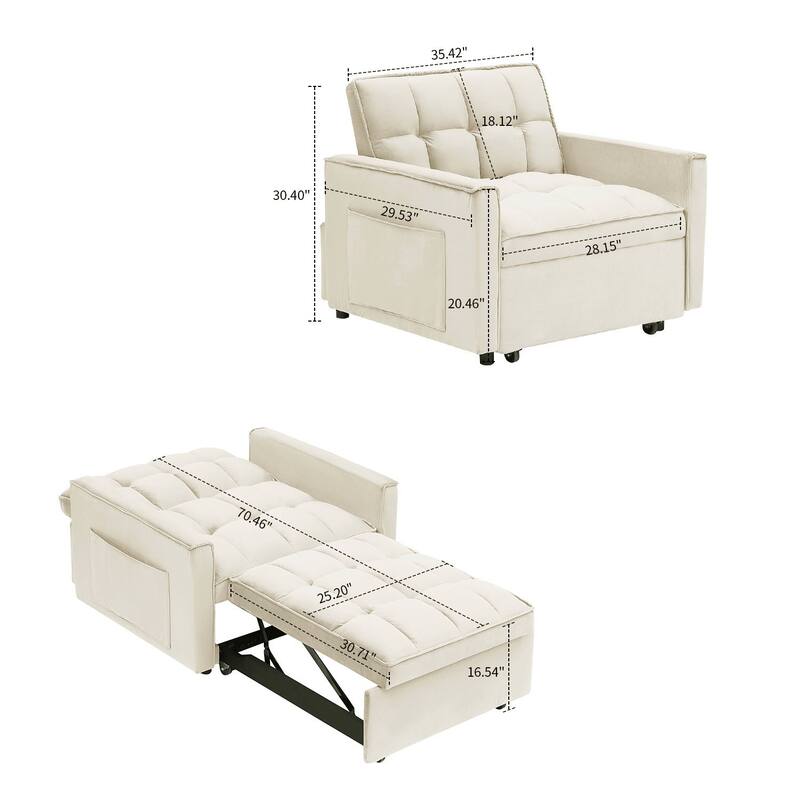 Classic Velvet Upholstered Convertible Futon Chair with Side Storage Pockets