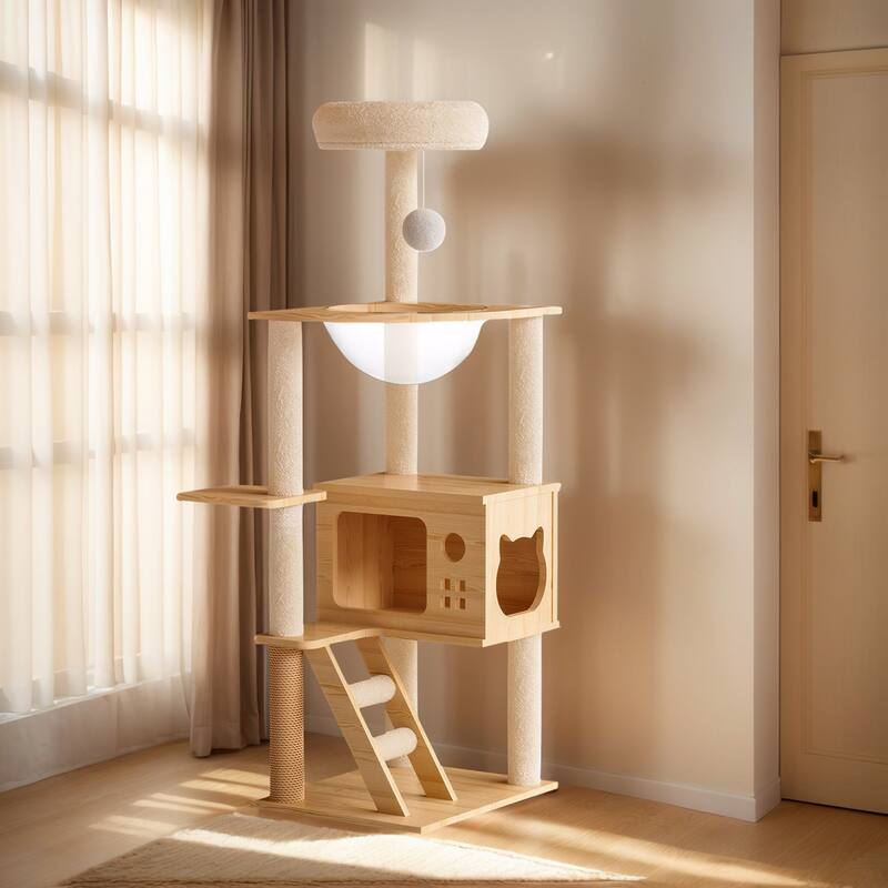 48.8" Modern Wood Cat Tower - Indoor Cat Tree with Sisal Scratching Posts, Top Perch & Acrylic Hammock for Small to Large Cats
