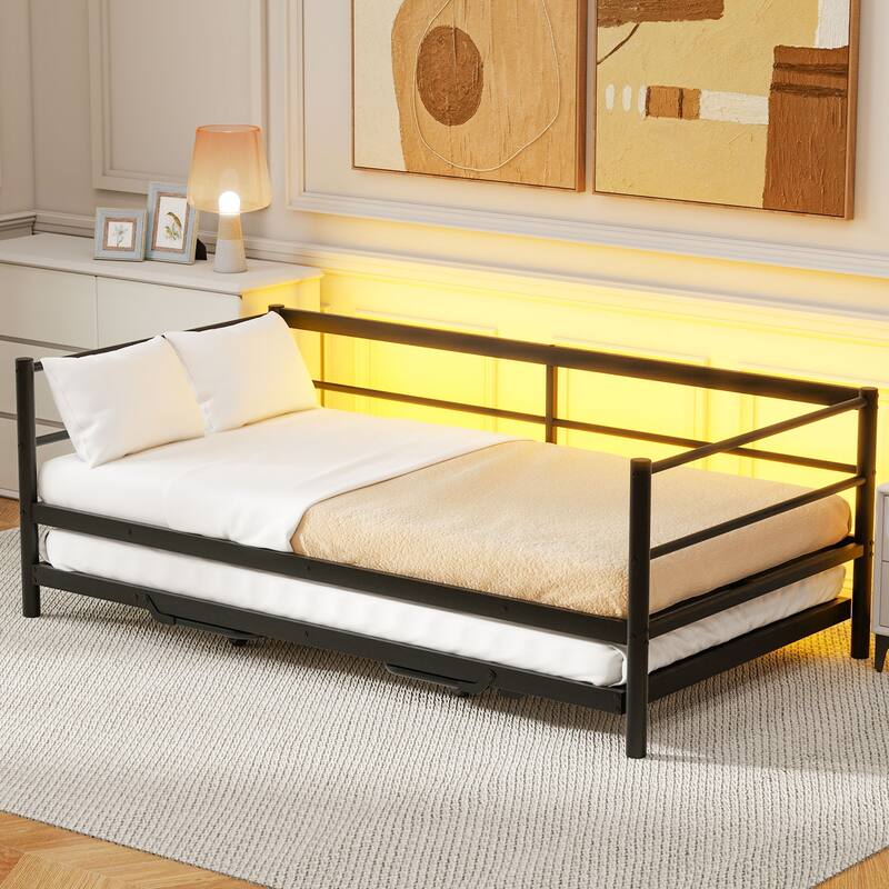 Twin Size Daybed with Pop Up Trundle, Industrial Metal Sofa Bed Frame with LED Lights, for Living Room, Bedroom, Guest Room - Black - Twin