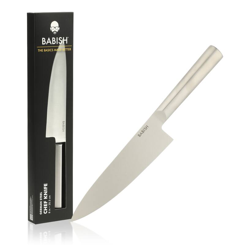 Babish High Carbon 1.4116 German Steel Full Tang 8-Inch Chef Knife - for Chopping, Slicing, Dicing & Everyday Prep - Silver
