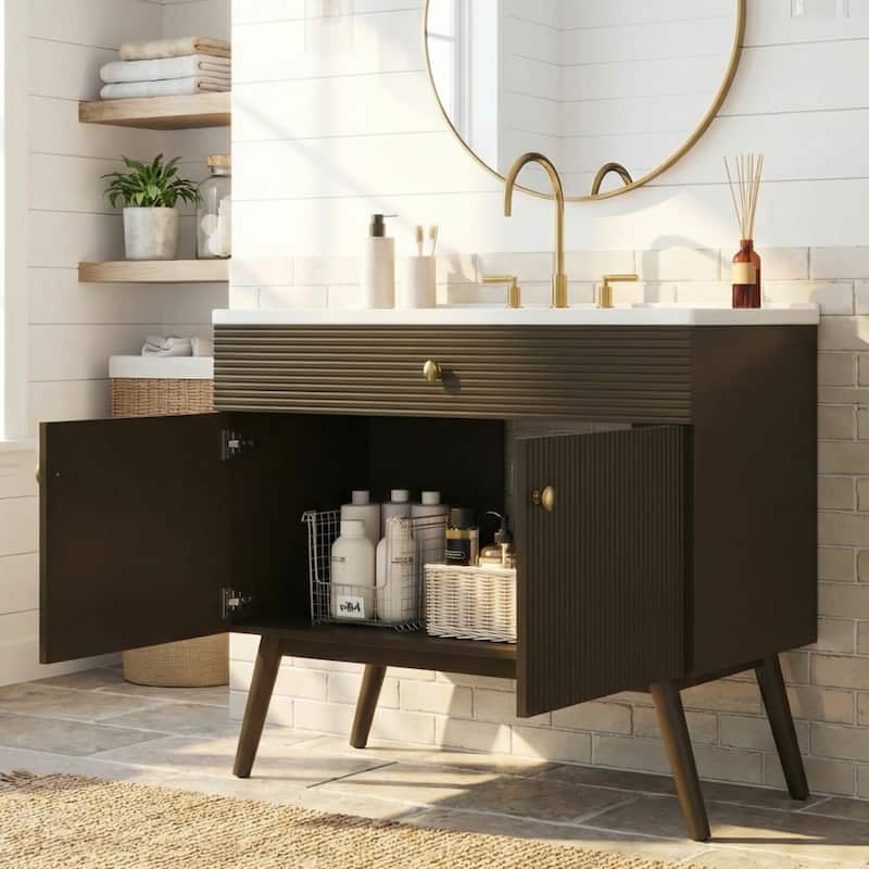 Christopher Knight Home - Modern Space Saving Striped Bathroom Vanity with Premium Ceramic Sink & Soft-Close Dual-Door Storage