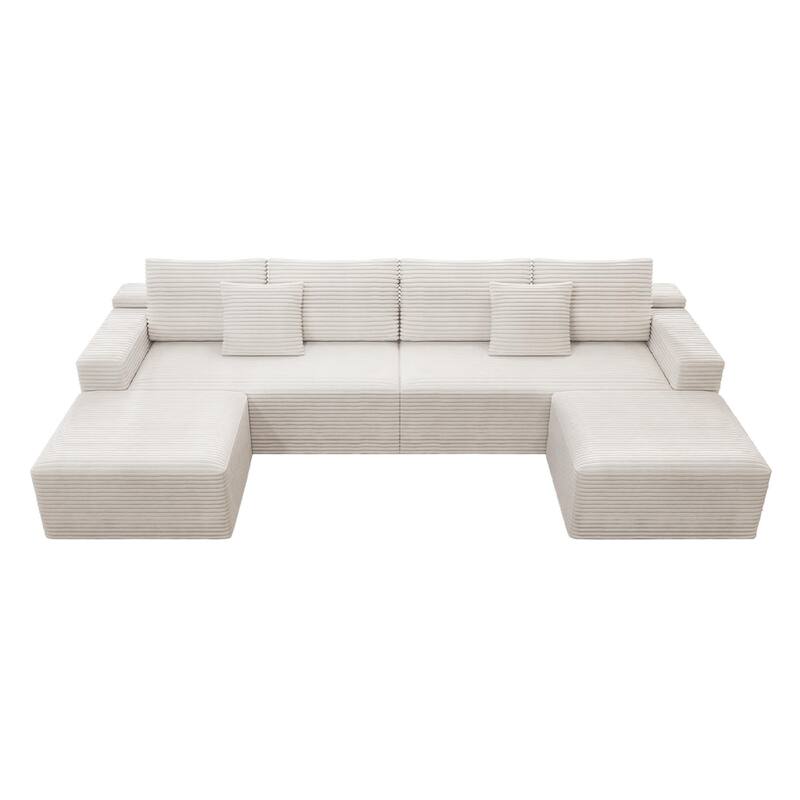 Roomfitters 137.8" Modular Sectional Sofa, 4-Piece Compressed Cloud Couch, No Assembly Required, Plush Corduroy, White