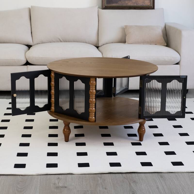 31.5-inch Round Three-Door Storage Coffee Table, Modern Real Wood Veneer Coffee Table, Suitable for Living Room