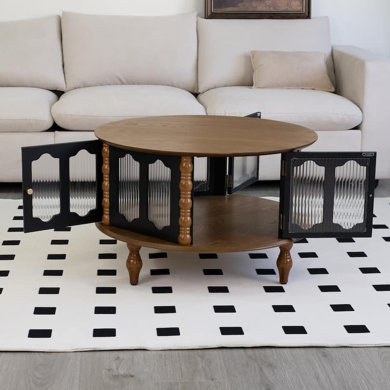 GDFStudio Theryn Real Wood Veneer Round Coffee Table with Three-Door Storage