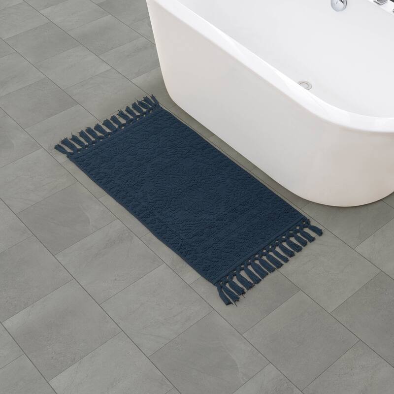 French Connection Nellore Fringe Cotton Bath Rug - 20x34 - Navy