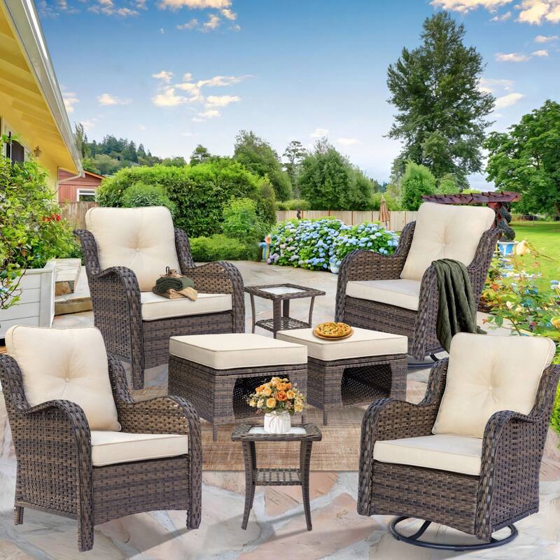 Patio Conversation Sets-Wicker Patio Furniture Sets with Swivel Chairs - 6 Seat - Cream