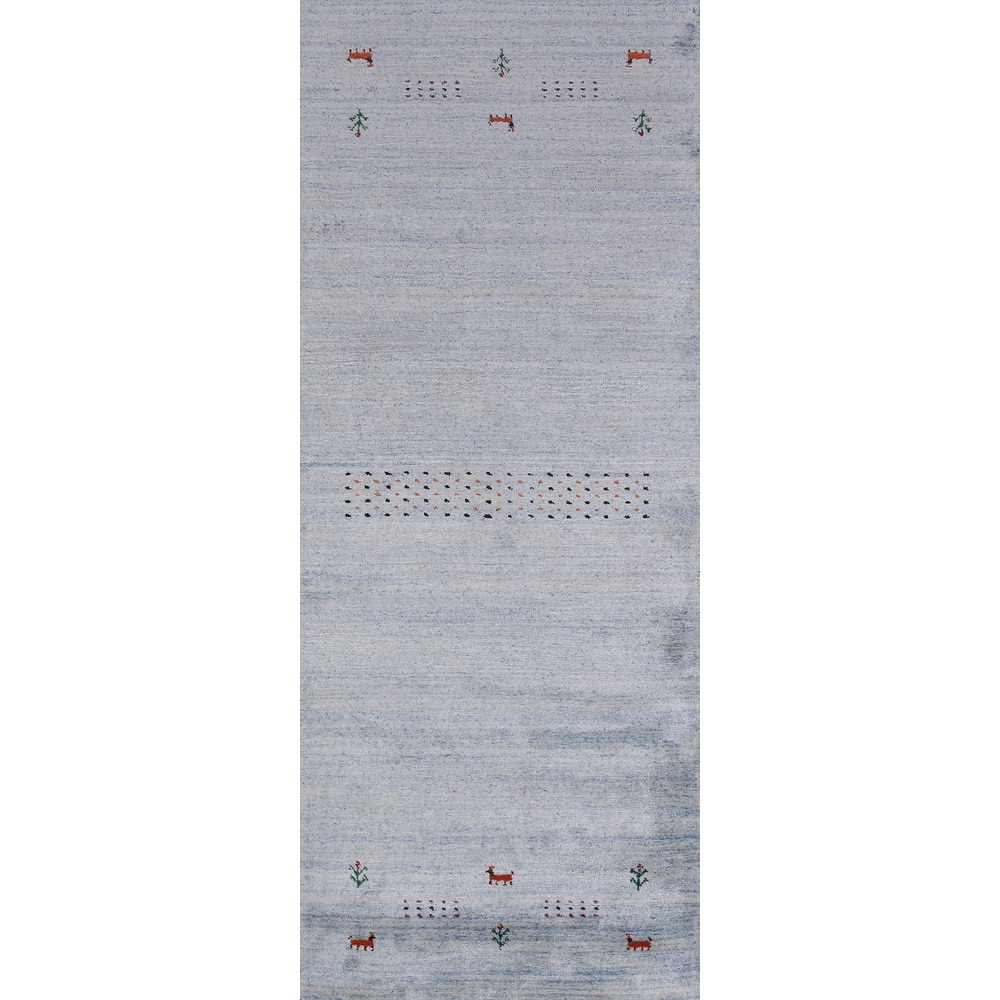 Hand Knotted Oriental 100% Wool Carpet Tribal Animal Pictorial Navy Blue & Blues Gabbeh Runner Rug - 7' 10'' X 2' 9''