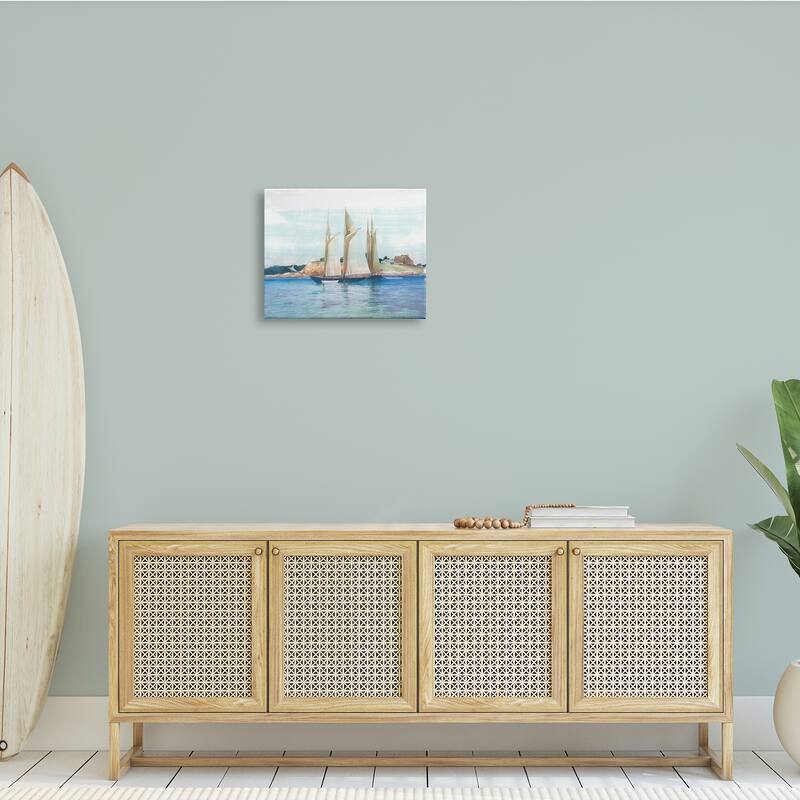 Stupell Traditional Sailboat Ocean Landscape Cliffside Coast Painting Canvas Wall Art - Orange