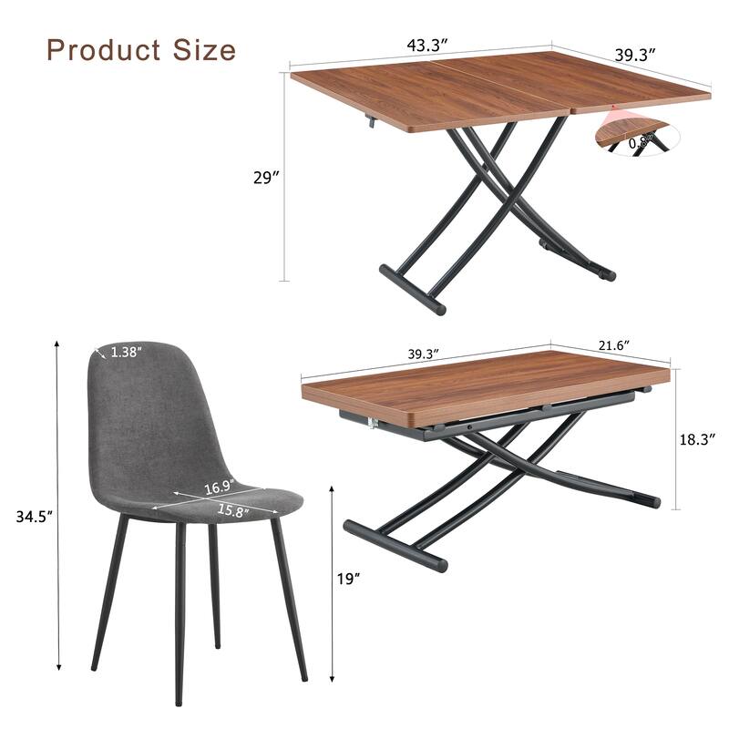 5-Piece Square Folding Dining Table Set, Wooden Lifting Dining Table with Dark Gray Linen Fabric Chairs for Small Spaces
