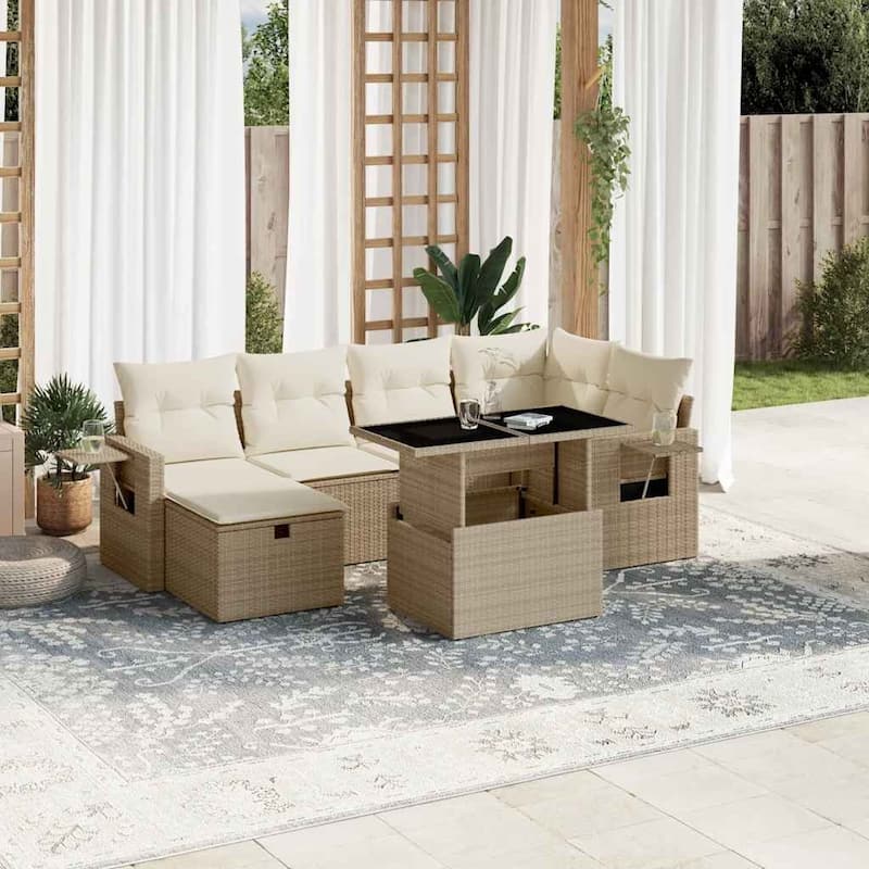 vidaXL Patio Sofa Set with Cushions Outdoor Furniture 7 Piece Poly Rattan - 21.7 x 39.4 x 28.7 in - Beige and cream