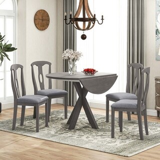 5pcs Farmhouse Round Wood Dining Table Set with Drop Leaf - Bed Bath ...
