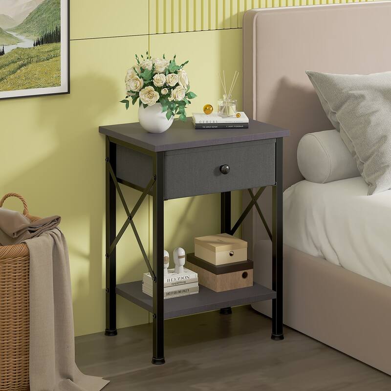 VECELO X Frame Nightstand with Removable Fabric Drawer Easy to Clean Nightstand Multifunctional End Table with Open Shelf