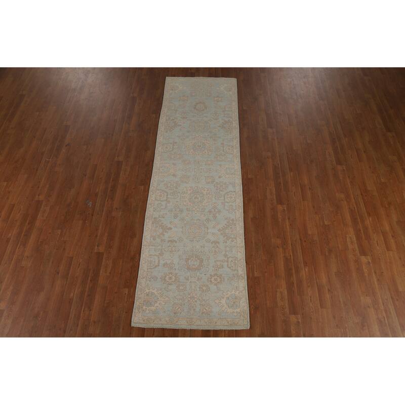 Vegetable Dye Oushak Turkish Runner Rug Handmade Blue Wool Carpet - 2'10" x 9'10"