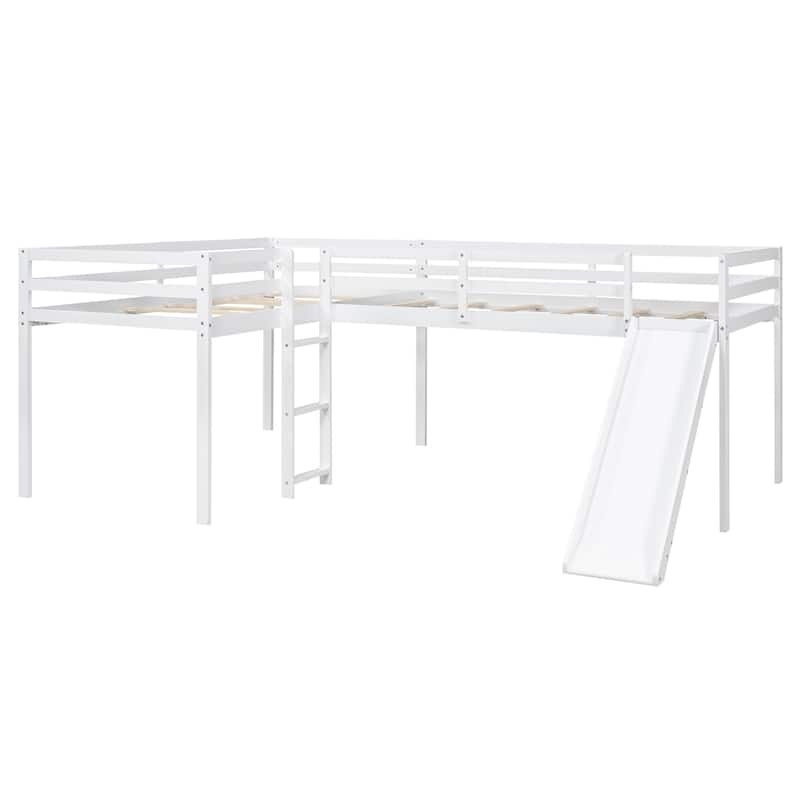 L-Shaped Twin Size Loft Platform Bed Frame with Ladder and Slide, Space-Saving Design with Fun Features for Kids Bedrooms
