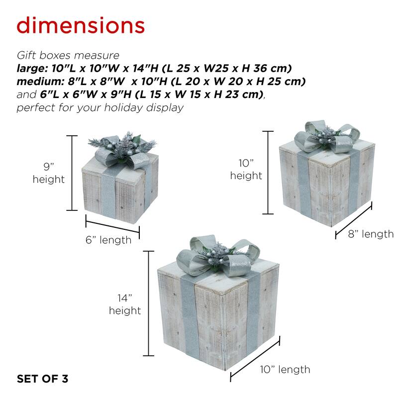Alpine Corporation 3-Piece Decorative Wooden Christmas Gift Box Set with LED Lights