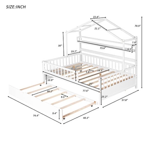 dimension image slide 1 of 5, Wood Slat Support Roof House Bed Frame with Pull-out Trundle Bed, Side 2 Shelves Storage Platform Bed, Kids Panel Bed