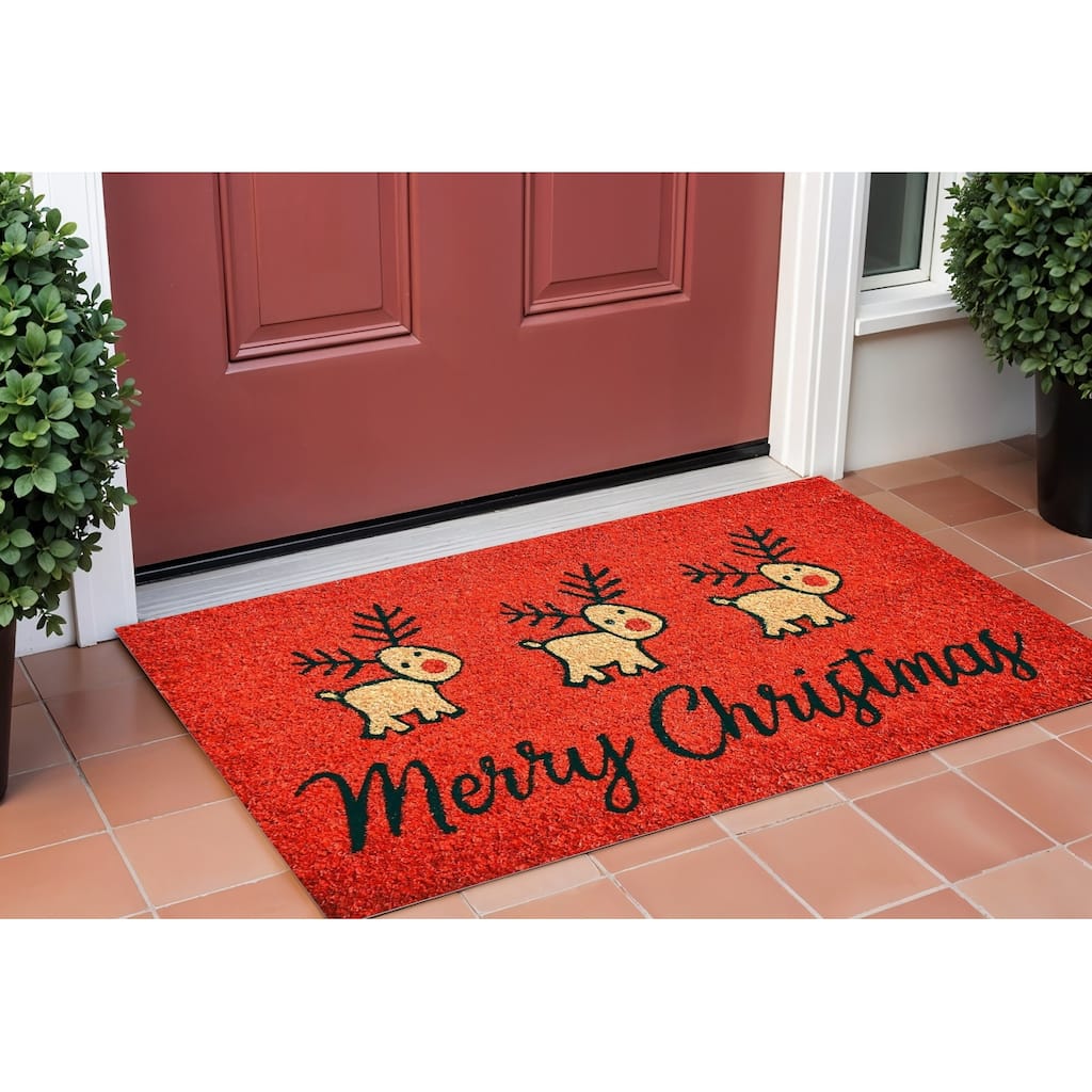 HomeRoots 17" X 29" Red And Black Coir Reindeer Outdoor Christmas Door Mat - 17' X '29