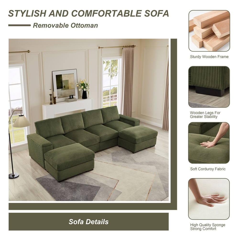 U-Shaped Sectional Sofa with 2 Movable Ottomans, Comfy Corduroy Upholstered 4 Seater Sofa, Lounge Sofa with Storage Armrests