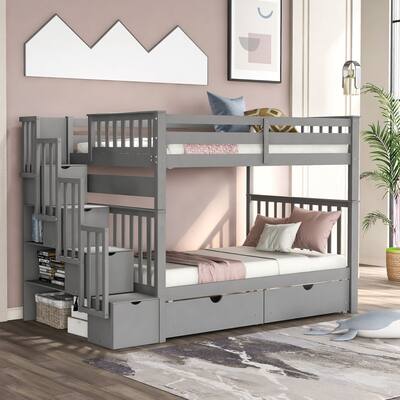 Full Over Full Bunk Bed with Storage Drawers,Wood Full Bed Frame with Staircase,Grey