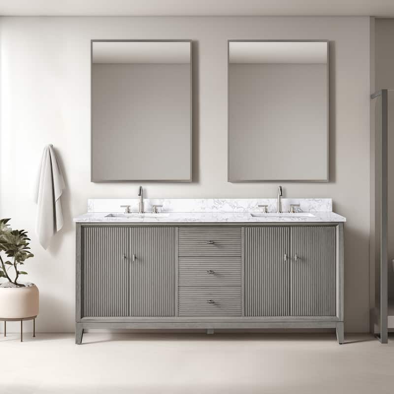 Vanity Art 72" Freestanding Bathroom Vanity with Engineered Marble Top and Sinks - 72"/Brushed Nickel - Driftwood Gray