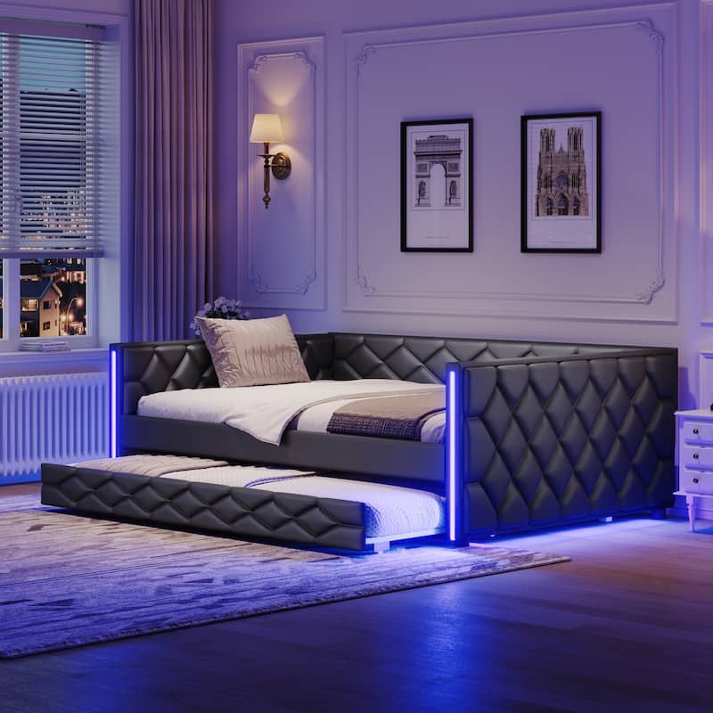 Full XL Size Upholstered Daybed with Trundle Bed and LED Armrests, Rhombic Blocks Frame Sofa Bed, U-shape Bed Frame