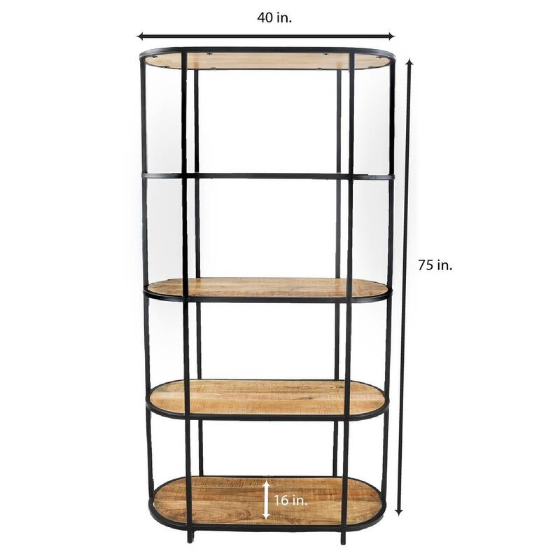 5-Tier Open Storage Wide Industrial Bookshelf Solid Mango Wood