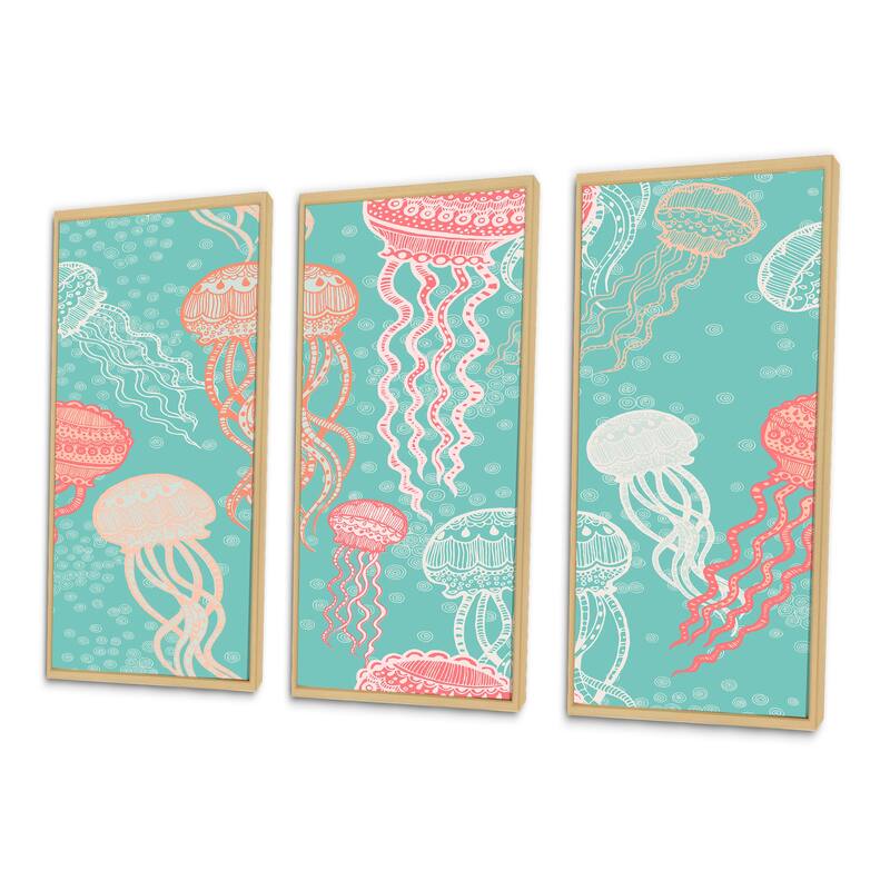 Designart "Jellyfish Pattern" Coastal Framed Wall Decor Set of 3 4