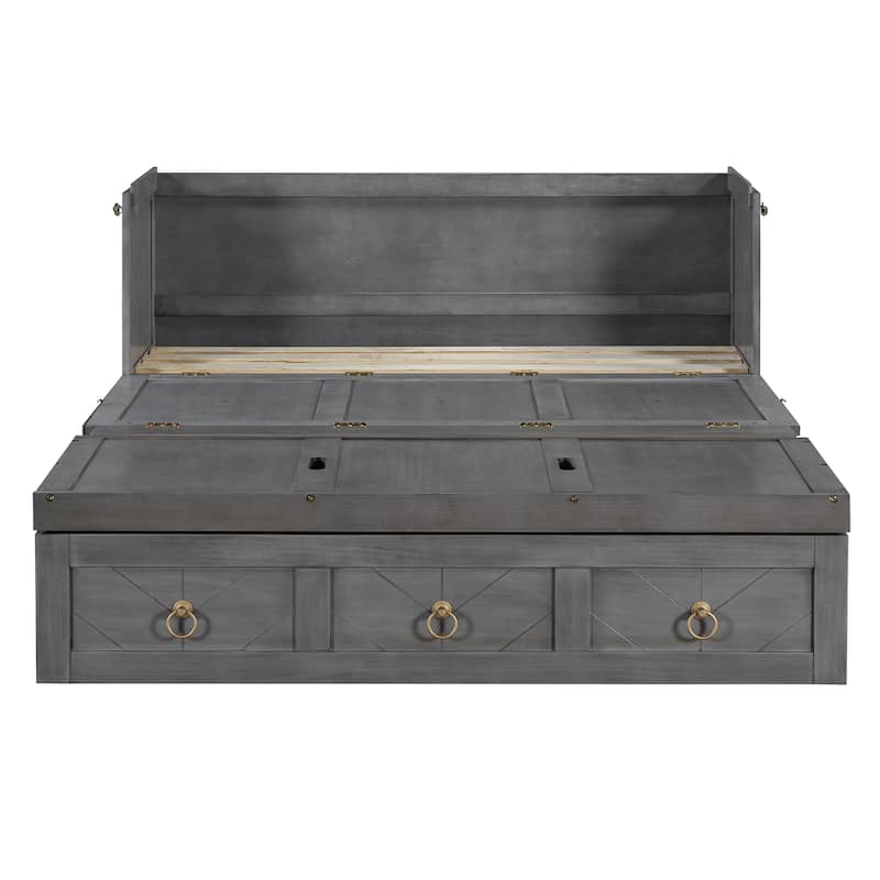 Gray Full Size Murphy Bed with Pulley Design, Drawer, and USB Ports