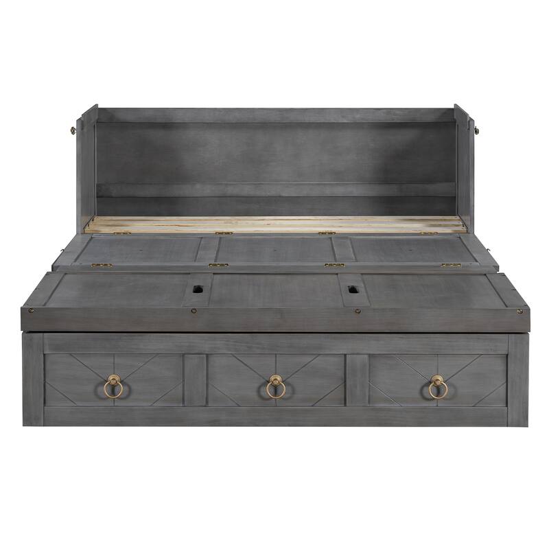 Space-Saving Full/Queen Murphy Bed with USB Charging Port, Storage Drawer, and Pine Wood Frame