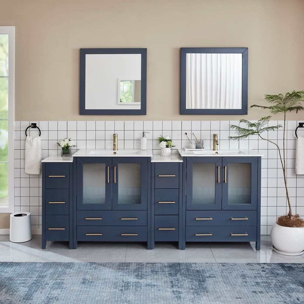 Vanity Art 84" Double Sink Bathroom Vanity Set 10 Dove-Tailed Drawers 4 Cabinets 2 Shelves, Soft-Closing Doors with Free Mirror