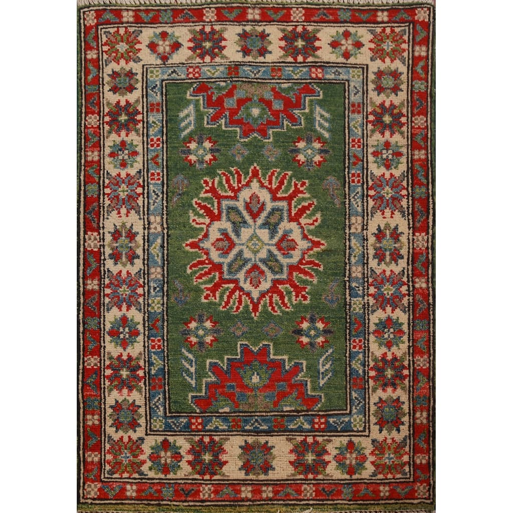Green Kazak Oriental Foyer Rug Accent Handmade Wool Carpet - 2'0"x 3'0"