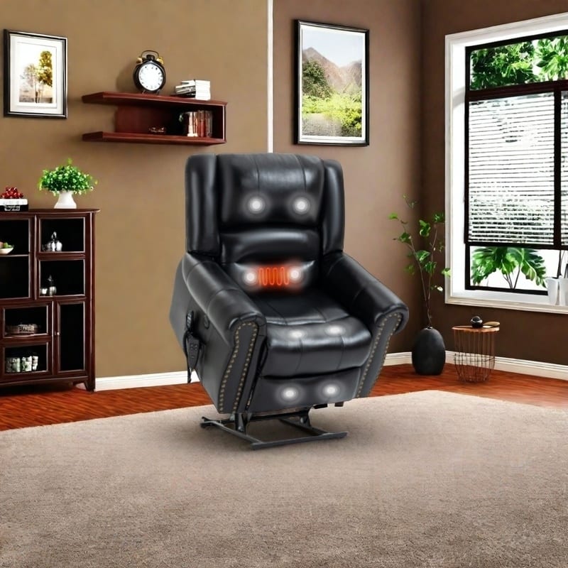 Genuine Leather Electric Lift Recliner with Dual Motors, 8-Point Massage, Heating, USB Charging, and Infinite Recline - Black