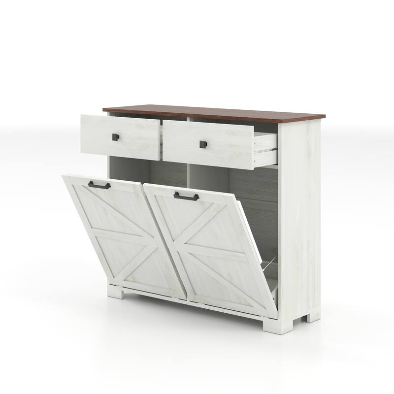 Tilt Out Trash Cabinet, Freestanding Wooden Trash Recycling Cabinet, Hidden Dual Laundry Cabinets with 2 Drawers & 2 Baskets