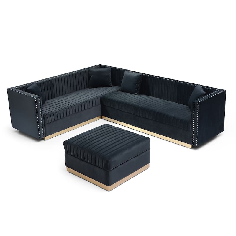 Vertical Channel Tufted Velvet Sectional Sofa, L-Shaped Upholstered Corner Couch with Ottoman and 4 Pillows, Nailhead Trimming
