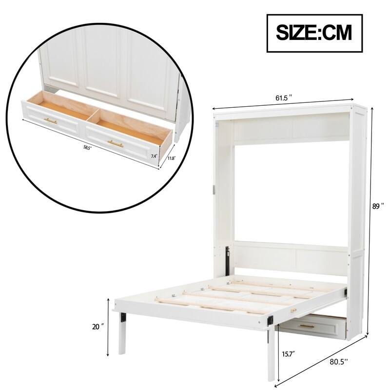Full Size Murphy Bed with 2 Storage Drawers, Wooden Folding Bed Frame, Wardrobe Design Modern Wall Bed