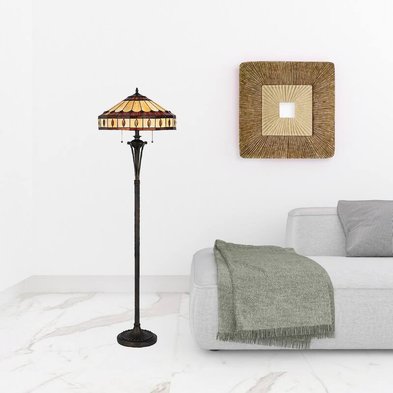61-Inch Bronze Two-Light Floor Lamp with Purple and Ivory Glass Shade - 18" x 18" x 61"