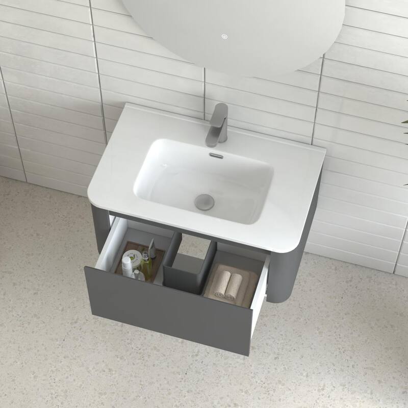 30" Wall Mounted Bathroom Vanity with Basin Floating Vanity Drawer Bathroom Cabinet with White Ceramic Integrated Basin