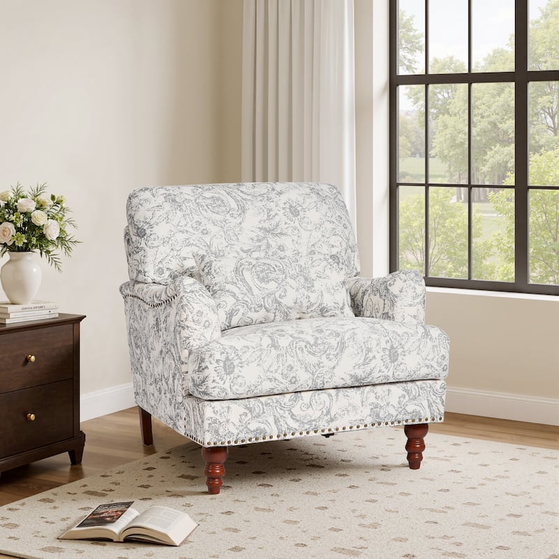 Mid Century Chenille Upholstered Accent Chair with Nailhead Trim - Rococo Light Grey - Chenille