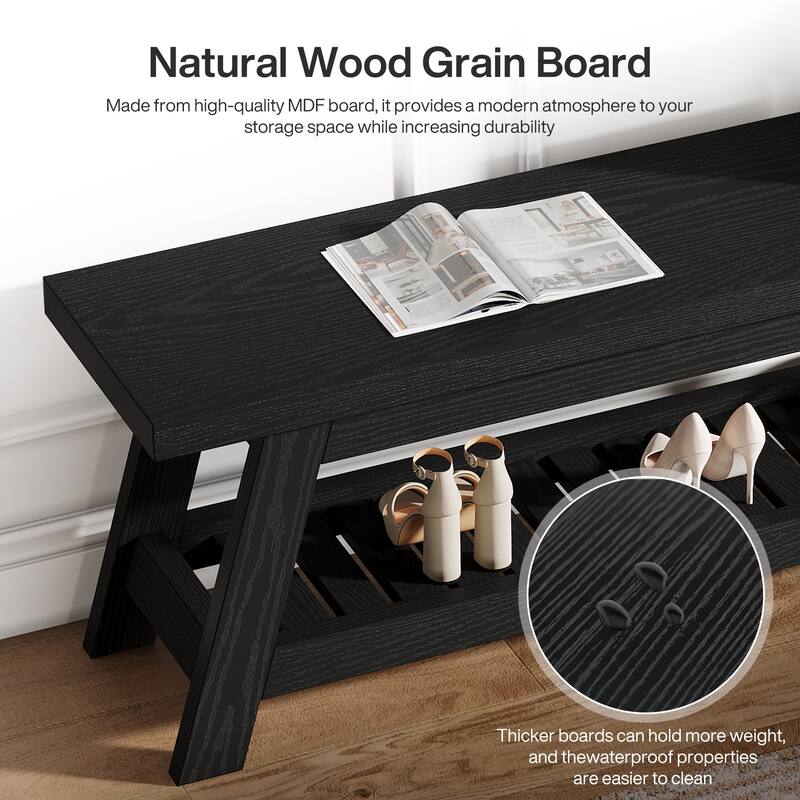 2-Tier Entryway Shoe Bench with Storage, 55-Inch Wood Storage Bench for Living Room, Bedrooms - 55.12" W x 13.78" D x 17.72" H
