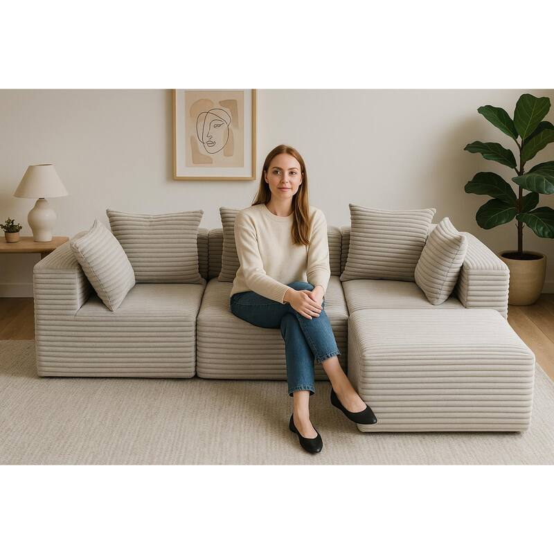 Floor Standing Deep Seat Sofa Corduroy Modular L-shaped Sectional Sofa with Chaise Lounge Compressed Sofa with Ottoman