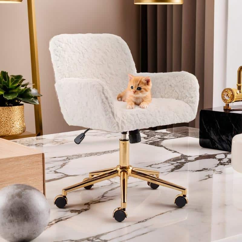 Metal Swivel Home Upholstered Office Chair - Beige Teddy