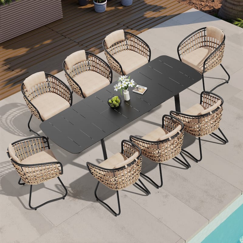 Outdoor Expandable Patio Dining Table Set Rectangular Extension Table with Chairs - Beige