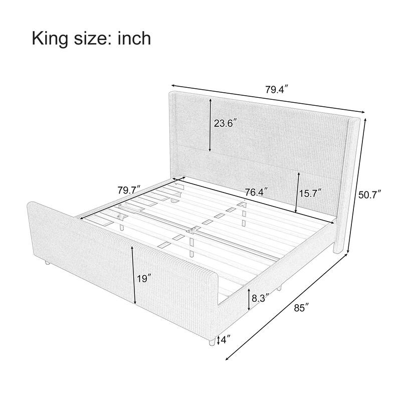 50.7" High Headboard Corduroy Bed Frame with Vertical Stripe Wingback & High Footboard