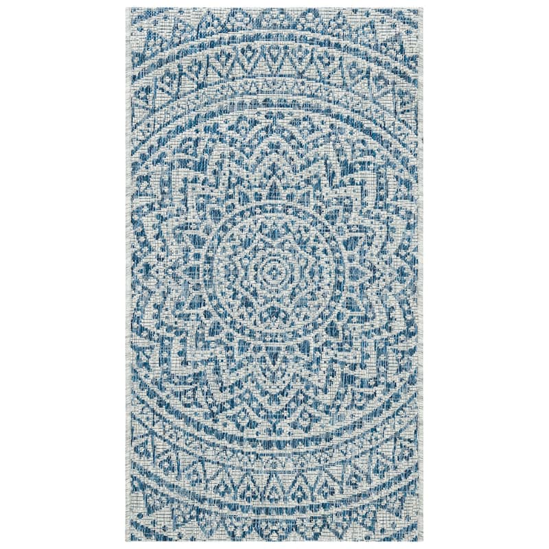 SAFAVIEH Courtyard Fran Mandala Indoor/ Outdoor Waterproof Patio Backyard Rug - 2' x 3'7" - Light Grey/Blue