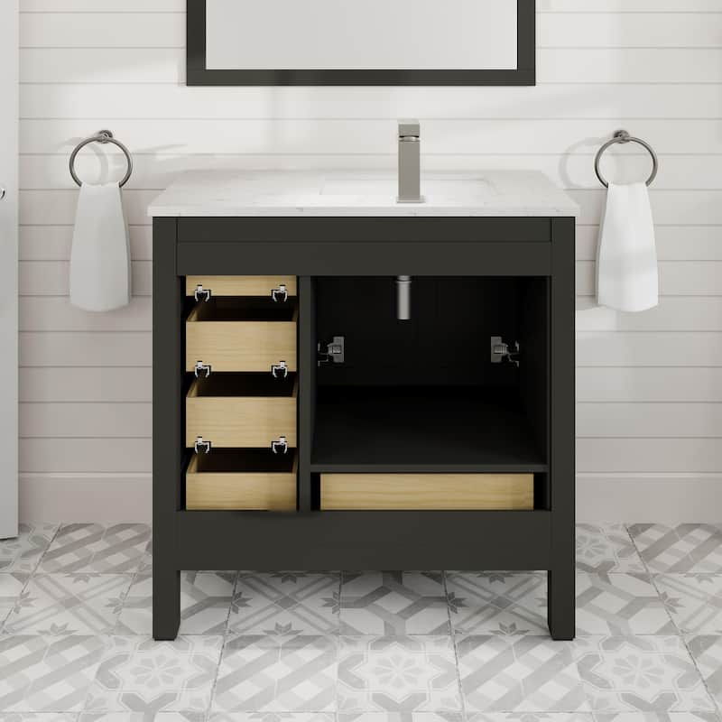 Eviva London 36"W SS Bath Vanity with White Carrara Quartz Top