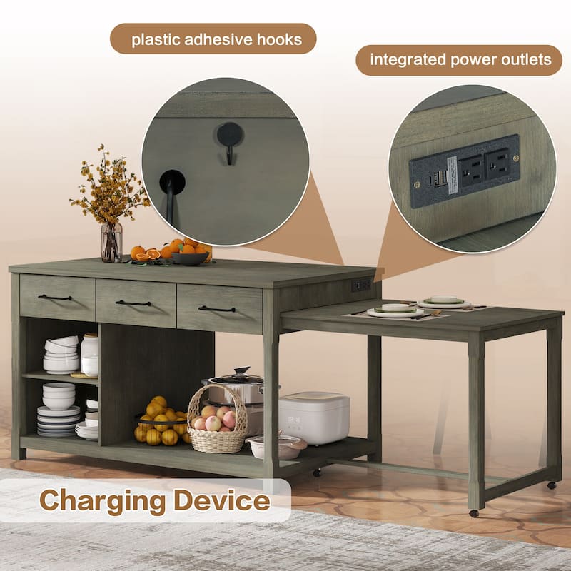 Gray Extendable Kitchen Island with Power Outlets and Rolling Wheels