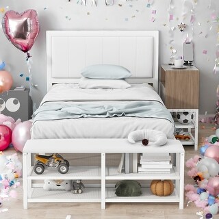 White Kids Metal Twin Bed Platform Bed with Two-Tier Storage Shelves,Cabinet