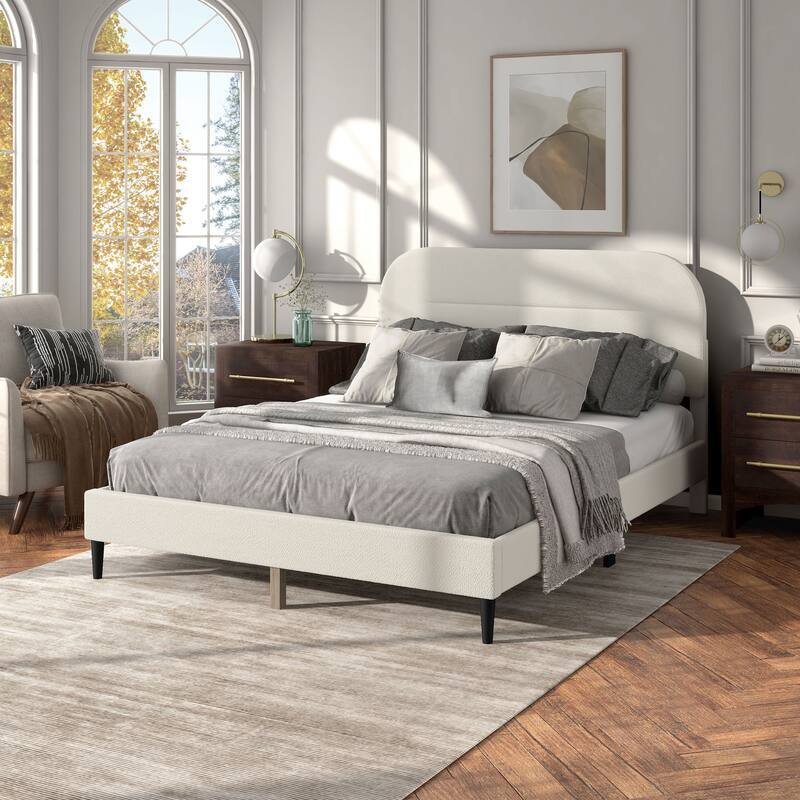 Furniture of America Gail Modern White Boucle Adjustable Queen-Size Platform Bed - Rounded Headboard with Tapered Legs