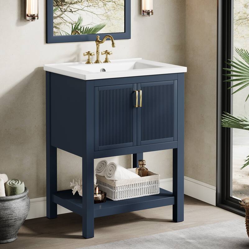 24" Single Bathroom Vanity with Ceramic Sink, Solid Rubberwood Frame & Open Storage Shelf