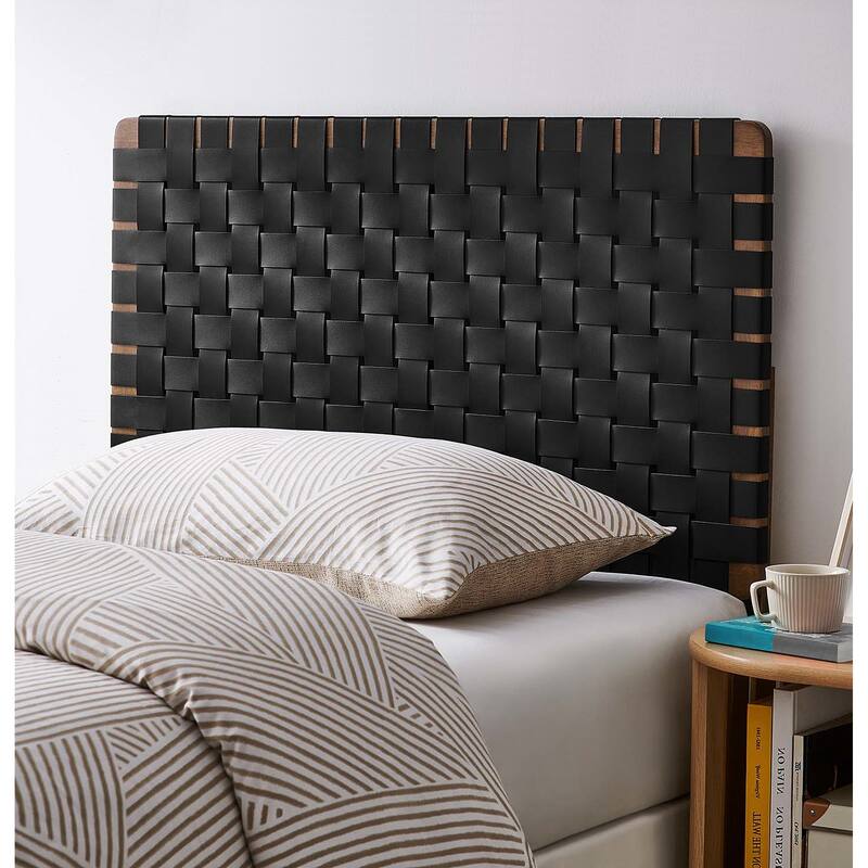 Ditmas Solid Wooden Black Leather Basket Weaved Twin Size Headboard